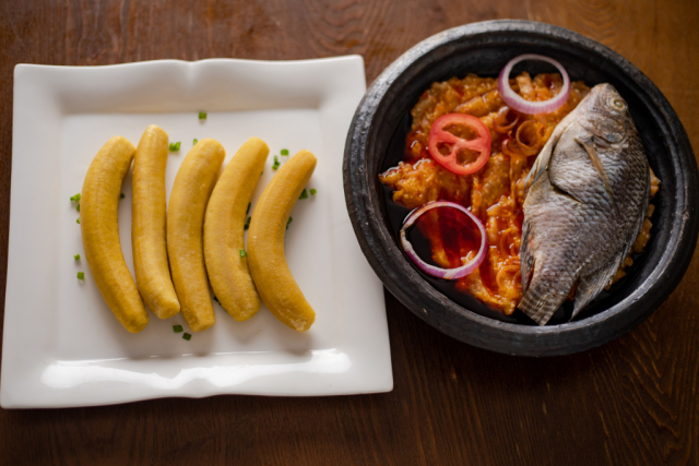Plantain and Garden Egg Stew and Salted Tilapia